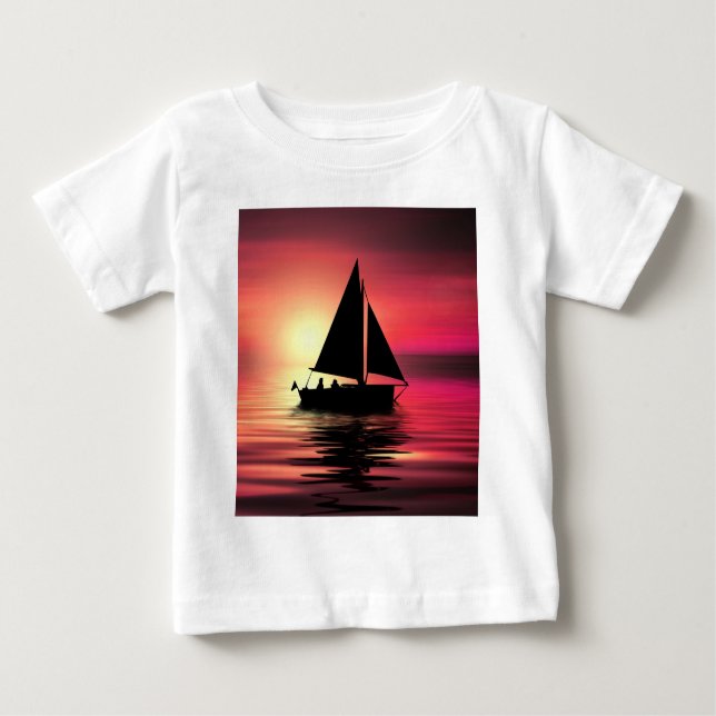 T-shirt Pour Bébé Coucher de soleil, Bateau à voile dans la mer-3918 (Devant)