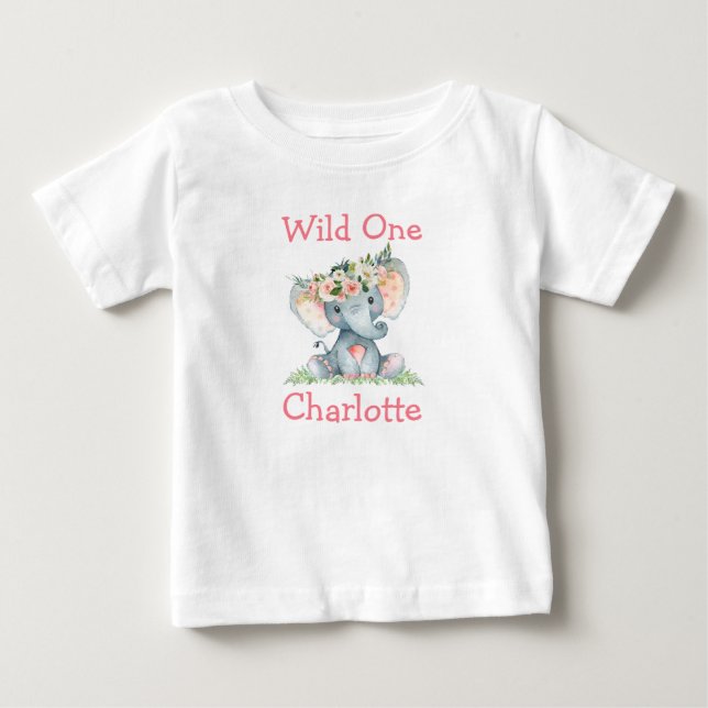 T-shirt Pour Bébé Couronne de fleurs d'éléphant pour le 1er annivers (Devant)