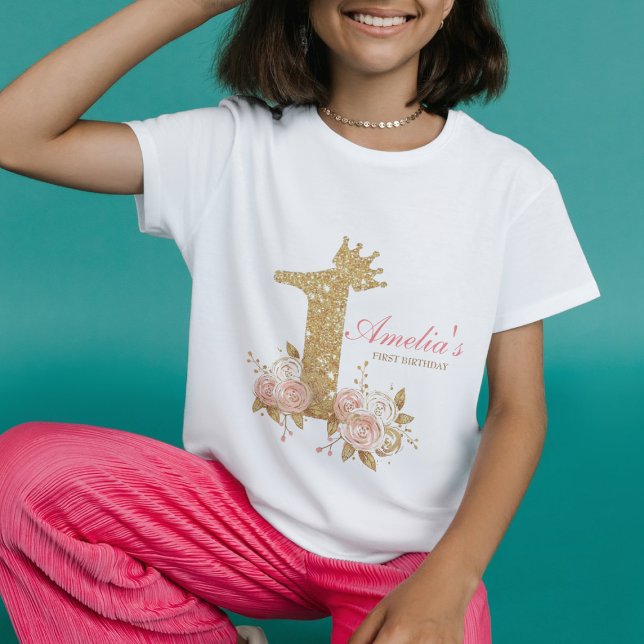 T-shirt Pour Bébé Couronne d'or rose Princesse Première fête d'anniv (Créateur téléchargé)