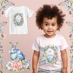 T-shirt Pour Bébé Couronne Fleurie Bleue Lapin Fleurs Roses 1ère Pâq