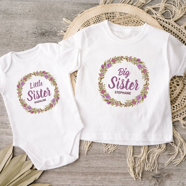 T-shirt Pour Bébé Couronne Fleurie Violette Grande Sœur Nom (Créateur téléchargé)