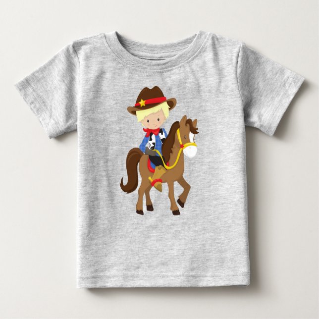 T-shirt Pour Bébé Cow-boy, Shérif, Cheval, Western, Cheveux Blonds (Devant)