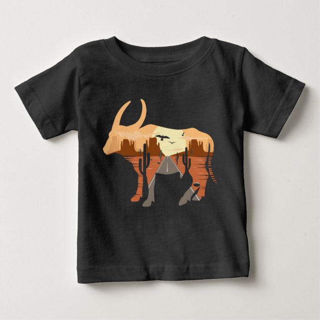 T-shirt Pour Bébé Cowboy Desert Sunrise Cattle Bull Cactus (Devant)