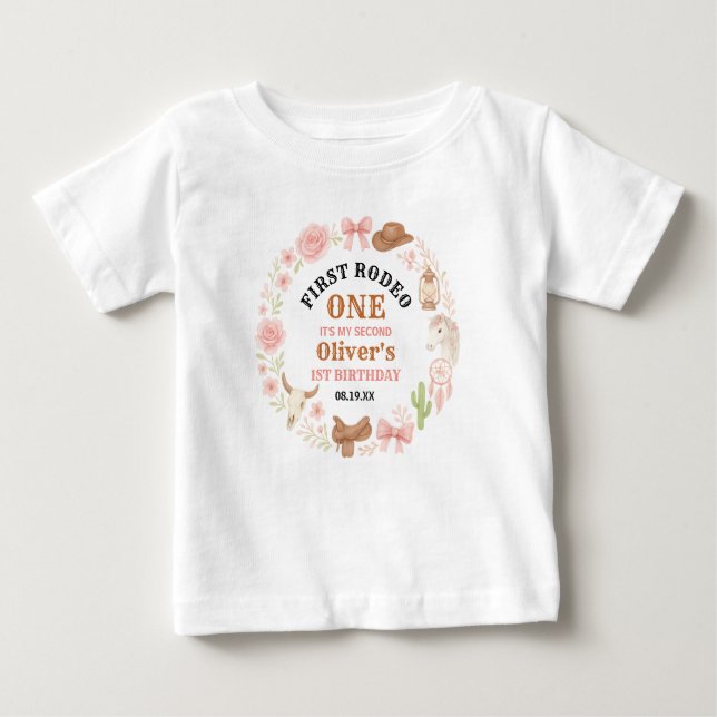 T-shirt Pour Bébé Cowgirl Coquette de l'Ouest 1er Anniversaire Rose  (Devant)