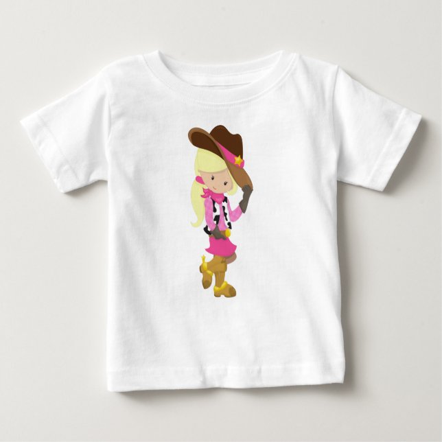 T-shirt Pour Bébé Cowgirl, Shérif, Western, Campagne, Cheveux Blonds (Devant)