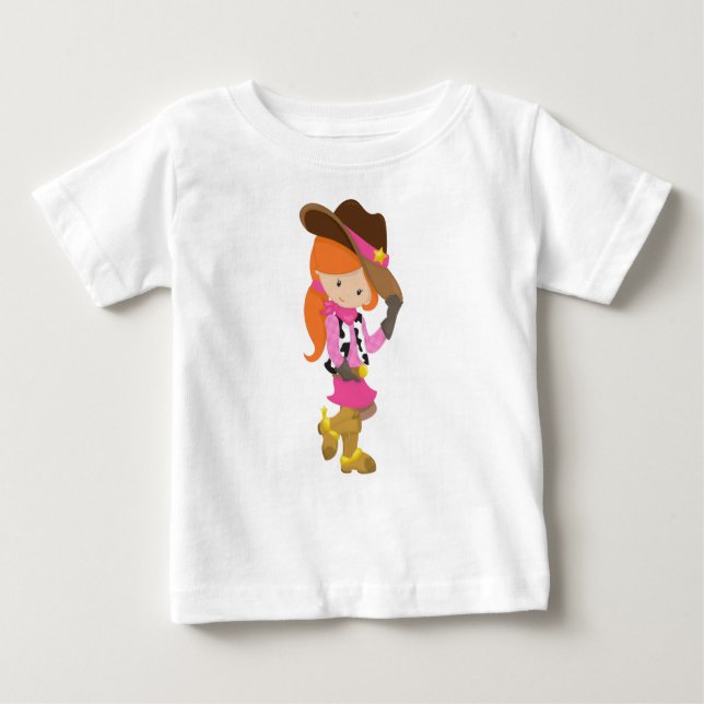 T-shirt Pour Bébé Cowgirl, Shérif, Western, Campagne, Cheveux Orange (Devant)