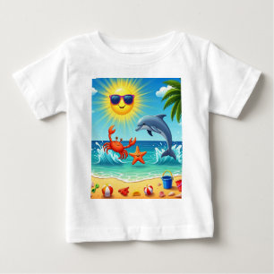 T-shirt Pour Bébé Crabe de plage d'été coloré Dolphin Ciel bleu