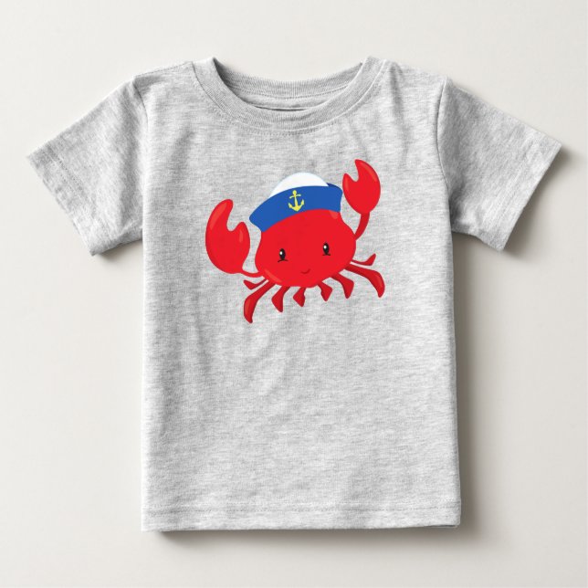 T-shirt Pour Bébé Crabe marin, Crabe mignon, Casquette marin, Voile, (Devant)