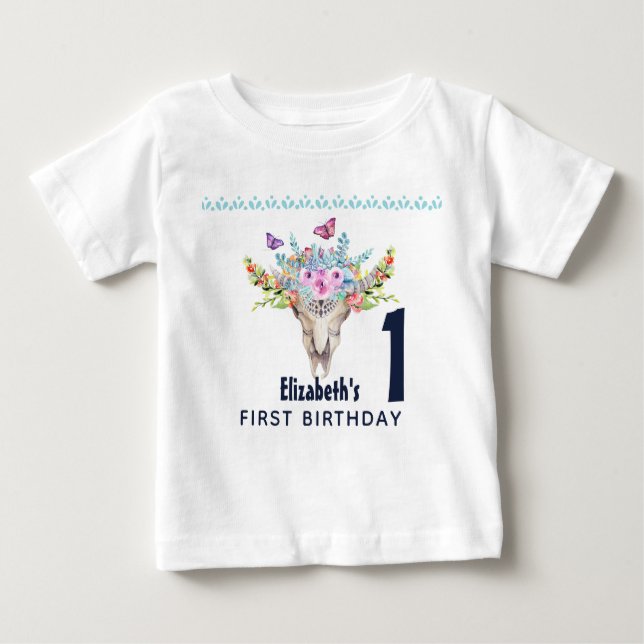 T-shirt Pour Bébé Crâne Boho avec papillons et fleurs Anniversaire (Devant)