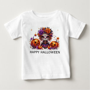 T-shirt Pour Bébé Crâne de sucre mignon avec Jack-O-Lanterns et fleu