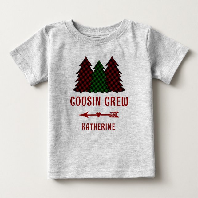 T-shirt Pour Bébé Crew Cousin personnalisé Plaid Christmas Trees (Devant)