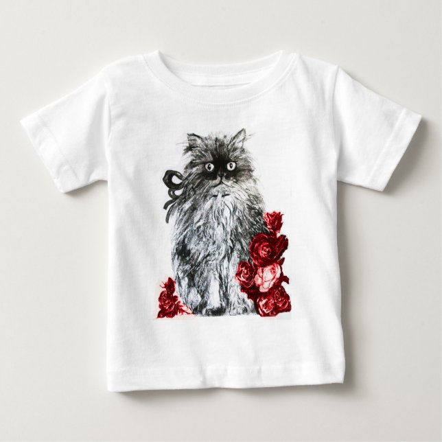 T-shirt Pour Bébé CUISINE CAT, CUISINE AVEC ROSES ROUGES, Noir et Bl (Devant)