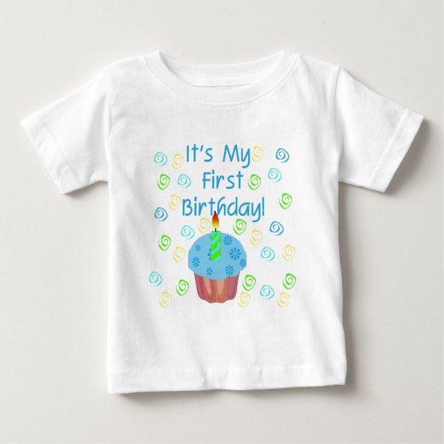 T-shirt Pour Bébé Cupcake bleu avec bougie Premier anniversaire (Devant)