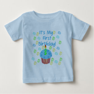 T-shirt Pour Bébé Cupcake bleu avec bougie Premier anniversaire