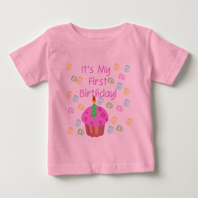 T-shirt Pour Bébé Cupcake Rose Avec Bougie Premier Anniversaire (Devant)