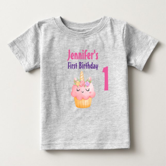 T-shirt Pour Bébé Cupcake rose licorne avec anniversaire Rose (Devant)