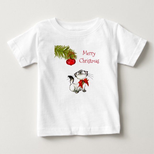 T-shirt Pour Bébé Curieux Chat Kitty Dans Une Boue De Noël Rouge (Devant)