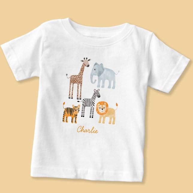 T-shirt Pour Bébé Cute Baby Safari Animal Aquarelle Nom Personnalisé (Fun cute watercolor baby safari animals baby t-shirt)
