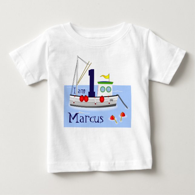 T-shirt Pour Bébé Cute bateau de pêche blanc sur l'eau (Devant)