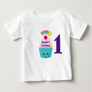 T-shirt Pour Bébé Cute Blue Cupcake avec Kawaii Face 1er anniversair