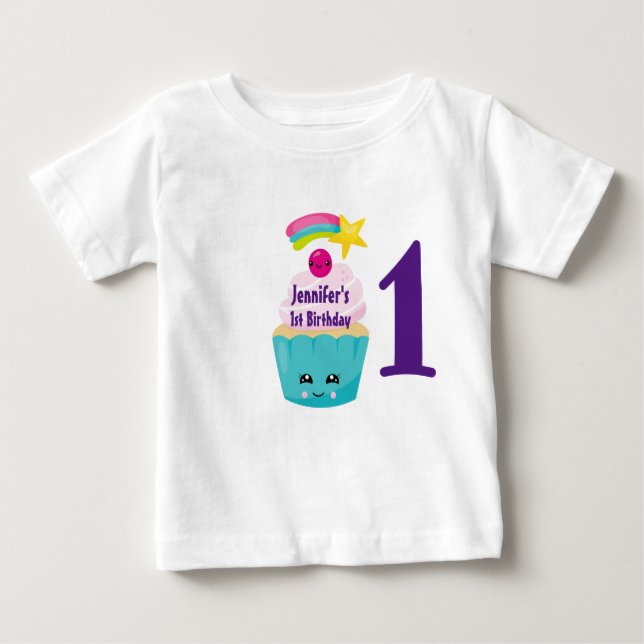 T-shirt Pour Bébé Cute Blue Cupcake avec Kawaii Face 1er anniversair (Devant)