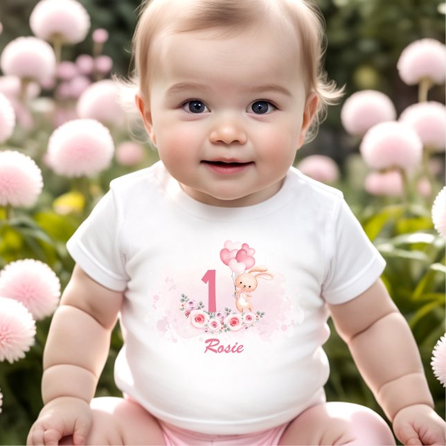 T-shirt Pour Bébé Cute Bunny rose 1er Anniversaire Nom Floral Printe (Cute Bunny Pink 1st Birthday Girl Floral Spring Baby T-Shirt)