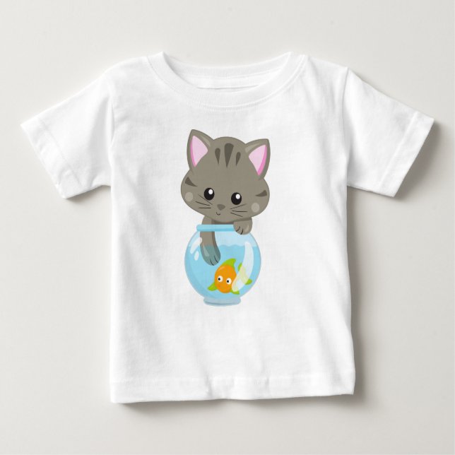 T-shirt Pour Bébé Cute Chat, Petit Chat, Kitty, Kitten, Poisson Bowl (Devant)
