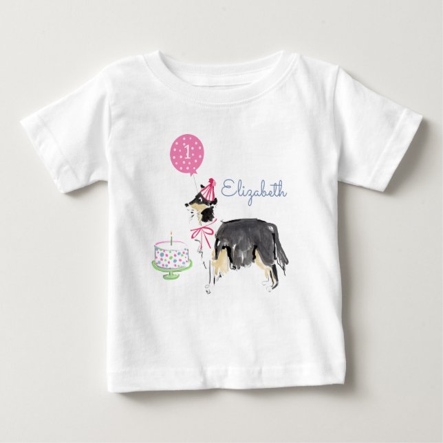 T-shirt Pour Bébé Cute Chien Chien Chien Collie 1er Anniversaire Gât (Devant)