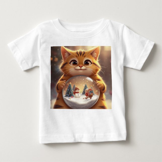 T-shirt Pour Bébé Cute Christmas Cat Holding Snow Globe Art (Devant)