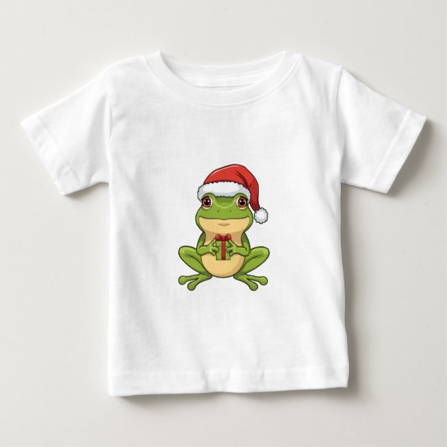 T-shirt Pour Bébé Cute Christmas Frog with Santa Hat Holding  Gift - (Devant)