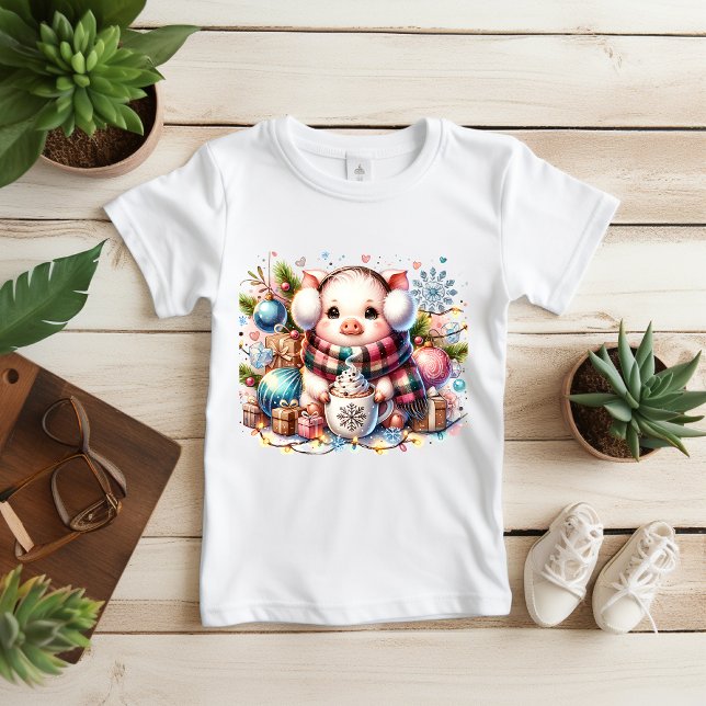 T-shirt Pour Bébé Cute Christmas Pig With Gifts and Hot Cocoa T-Shir (Créateur téléchargé)