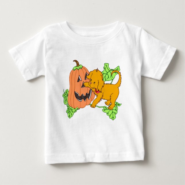 T-shirt Pour Bébé Cute Citrouille Halloween et Chiot (Devant)