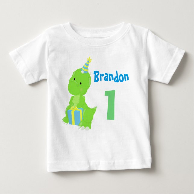 T-shirt Pour Bébé Cute Dinosaur 1er anniversaire Blue Green Dino Boy (Devant)