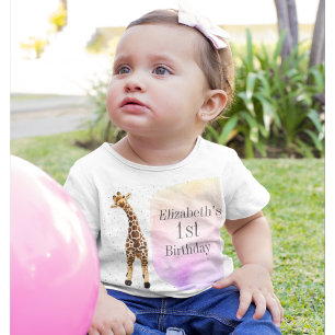 T-shirt Pour Bébé Cute Giraffe Safari Wild Pink 1er anniversaire