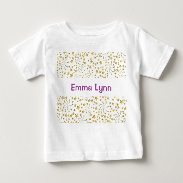 T-shirt Pour Bébé Cute Gold Stars Flower Fireworks Nom personnalisé (Devant)