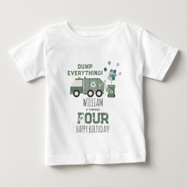 T-shirt Pour Bébé Cute Green Recycling Camion Enfants Nom Âge Annive (Devant)