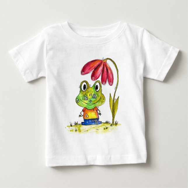 T-shirt Pour Bébé Cute grenouille blanche Whimsical sous une fleur r (Devant)