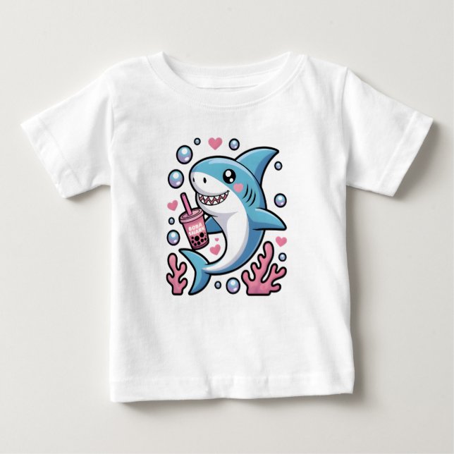 T-shirt Pour Bébé Cute Kawaii Bleu Joyeux requin rose bulle thé (Devant)