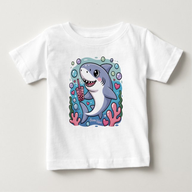 T-shirt Pour Bébé Cute Kawaii Requin Boire Boba Tea Ocean Vibes (Devant)