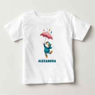 T-shirt Pour Bébé Cute Kitten avec parapluie dansant dans la pluie