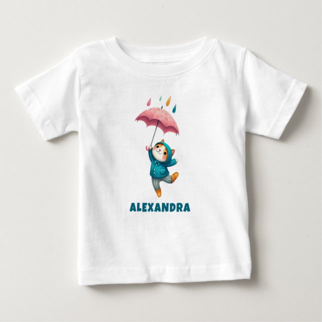 T-shirt Pour Bébé Cute Kitten avec parapluie dansant dans la pluie (Devant)