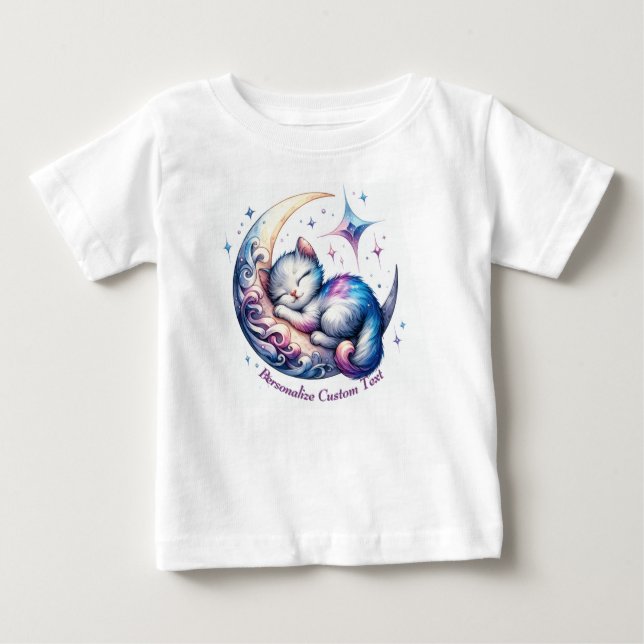 T-shirt Pour Bébé Cute Kitten personnalisé dormant sur une demi-lune (Devant)