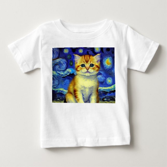 T-shirt Pour Bébé Cute Kitten Starry Night Van Gogh (Devant)