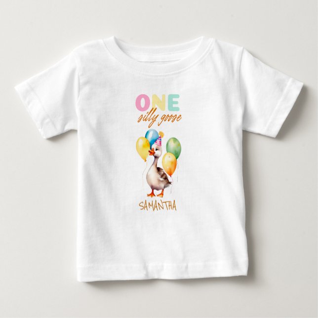 T-shirt Pour Bébé Cute One Silly Goose Girl Pink 1er anniversaire (Devant)
