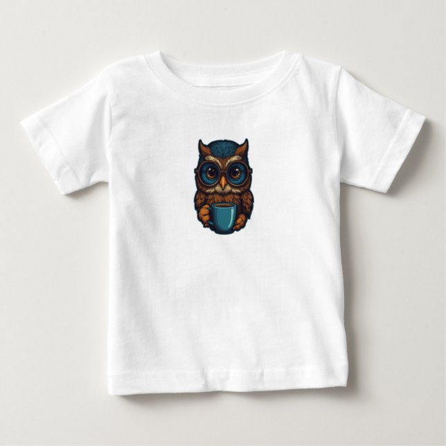 T-shirt Pour Bébé "Cute Owl with Coffee Cup" Conception amusante (Devant)