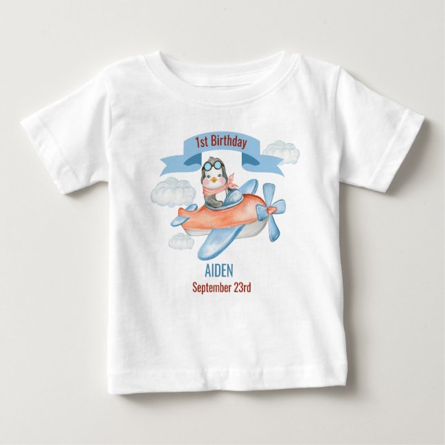 T-shirt Pour Bébé Cute Penguin Avion Bleu 1er anniversaire (Devant)