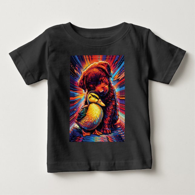 T-shirt Pour Bébé Cute Puppy and Duckling Hug Pop Art  (Devant)