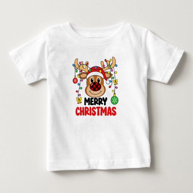 T-shirt Pour Bébé Cute Reindeer Merry Christmas Lights (Devant)