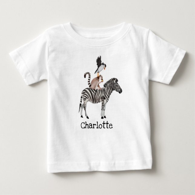 T-shirt Pour Bébé Cute Safari Zebra Lemur Puffin Animaux Avec Nom (Devant)