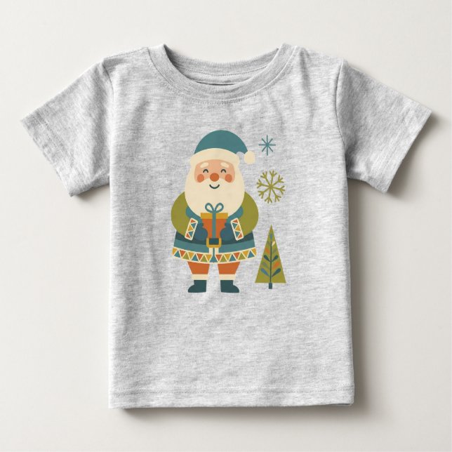 T-shirt Pour Bébé Cute Scandi Folk Art Santa with Gift Kids Holiday (Devant)